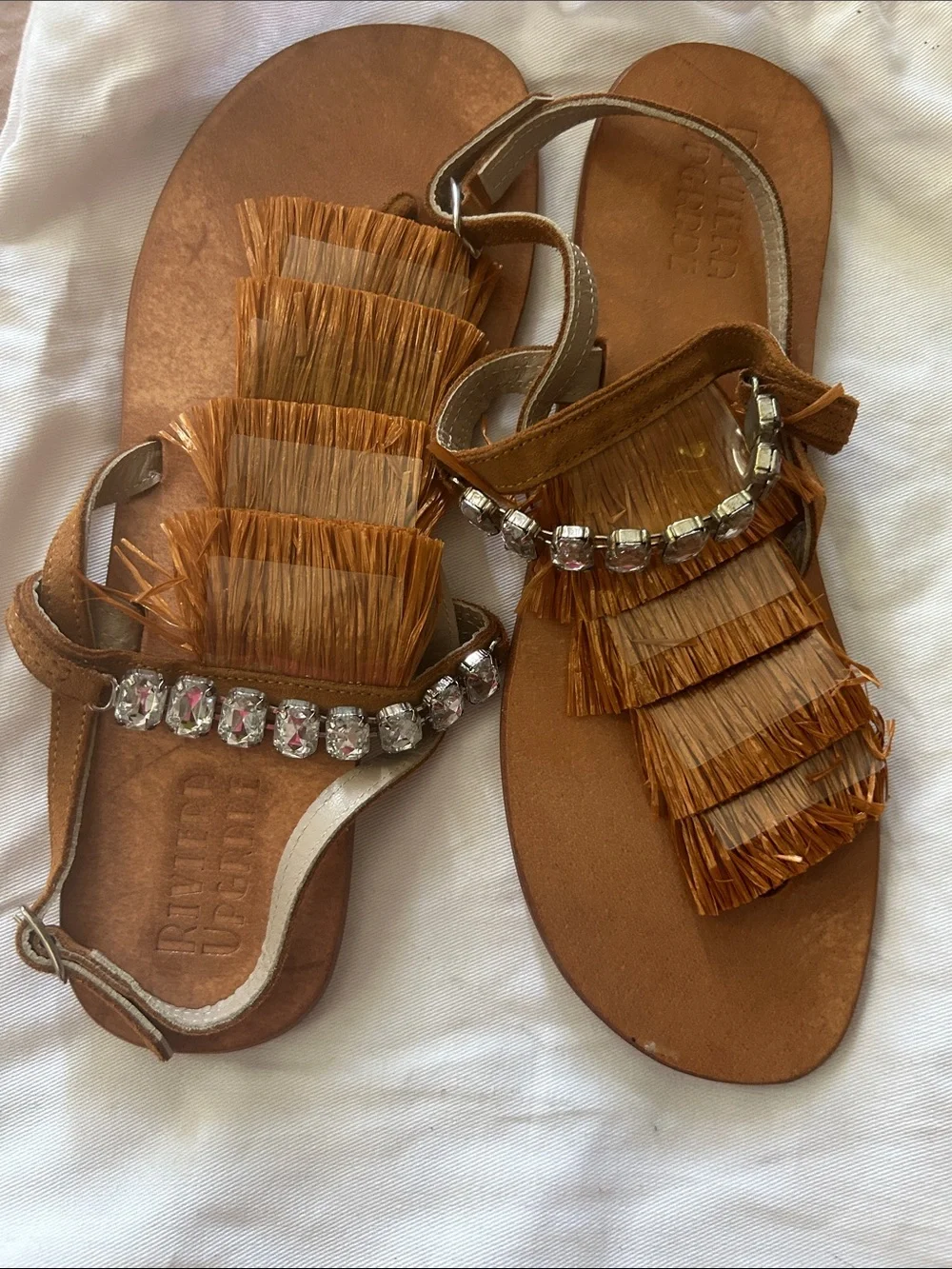 Rivera Upgrade Made In Italy Tan Fringe Sandals with Rhinestone Accent 41